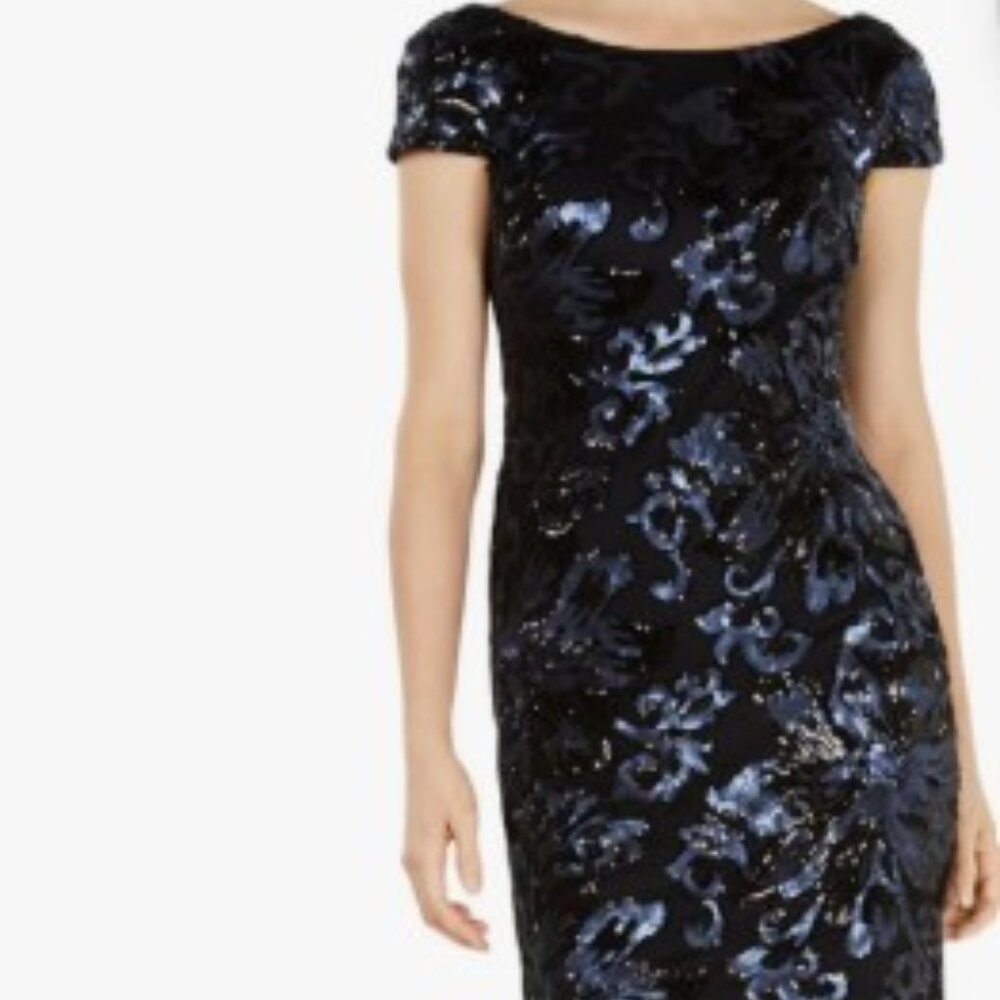 NWT hand-sequined Calvin Klein cowl-back cap sleeve dress, black, size 4